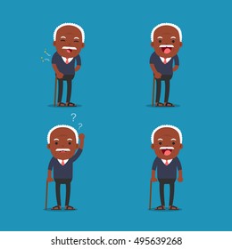 African American People, Old Man. Grandpa In 4 Different Poses. Vector Isolated Illustration. Cartoon Character.