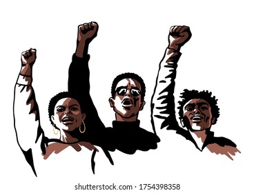 African American people on the demonstration. Against racism. Fighting for equality. Sketching illustration, hand drawn group portrait.