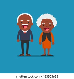 African american people - Retired elderly senior age couple in creative flat vector character design | Grandpa and grandma standing full length smiling