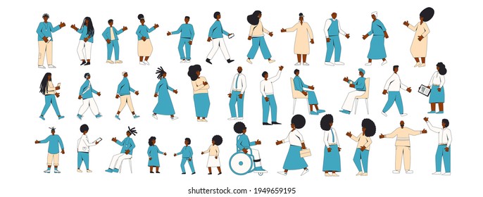 African american people set isolated on a white background. Young and elderly female and male character wearing in casual and formal clothes. Vector color line illustration. 