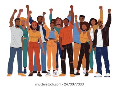 African American people stand together, each raising a clenched fist in the air, representing unity and solidarity. (Flat design illustration)
