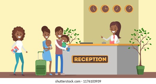 African american people standing in queue at the hotel reception. Room reservation or booking. People on a vacation. Flat vector illustration