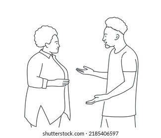 African American people talking. Social networks, dialog and conversation concept. Hand drawn vector illustration. Black and white.