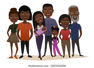 African American people. Young, middle-aged, senior man and woman couples. Boy, girl, baby child, mother, father parent, grandmother, grandfather. African American people family vector illustration