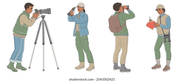 African American Peoples birdwatching, man and women with binoculars, camera, spotting scope and notepad in outdoor clothes