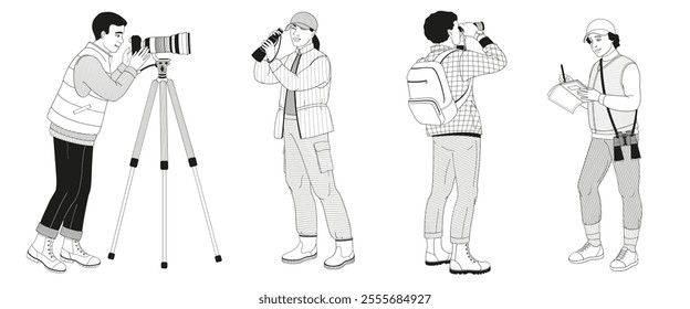 African American Peoples birdwatching, man and women with binoculars, camera, spotting scope and notepad in outdoor clothes	
