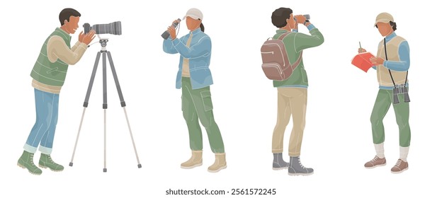 African American Peoples birdwatching, man and women with binoculars, camera, spotting scope and notepad in outdoor clothes