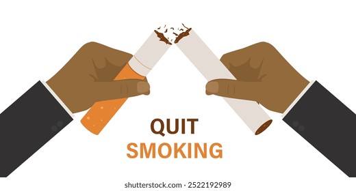 African american person broken cigarette, stop smoking. Concept no smoking. Smoker quits bad habit and addiction. Design isolated on white background. Flat vector illustration