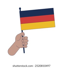 African american person hand holding national flag of germany cartoon illustration. Showcasing patriotism feeling linear 2D vector image, white background. Editable colorful flat clipart