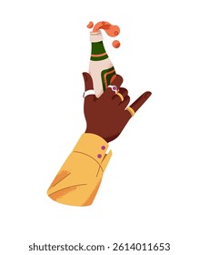 African American person hand ups with glass bottle of beer to clink. Man or woman raises cocktail, booze, alcohol drink to cheers at the party. Flat isolated vector illustration on white background