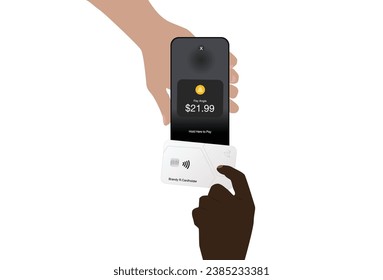 African American Person Hands Over Credit Card While Caucasian Person Makes An Easy Contactless, Cashless Payment With Cell Phone
