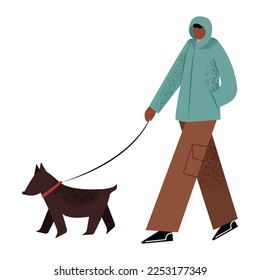 African American person is walking the dog in casual simple clothes with hood on, isolated vector illustration in flat style