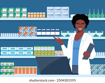 African American Pharmacist at counter in pharmacy. Druggist opposite shelves with medicines. Health care medical concept. Vector illustration