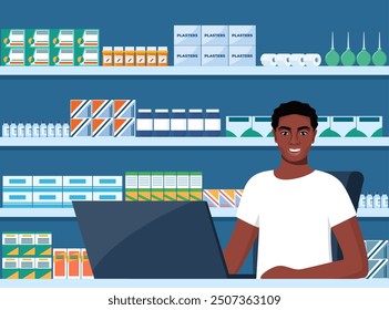 African American Pharmacist at counter in pharmacy. Druggist opposite shelves with medicines. Health care medical concept. Vector illustration