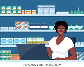 African American Pharmacist at counter in pharmacy. Druggist opposite shelves with medicines. Health care medical concept. Vector illustration