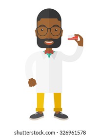 An African American pharmacist standing vector flat design illustration isolated on white background. Vertical poster layout.