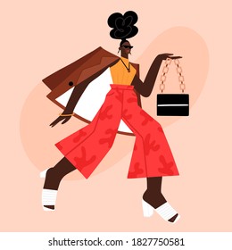 African American photo model at fashion show or photo shoot. Street style. Beautiful girl in fashionable clothes. Character design. Fashionista. Woman in red trousers, jacket and mules. Vector