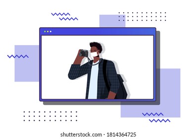 african american photographer wearing mask to prevent coronavirus pandemic self isolation online communication concept web browser window horizontal portrait vector illustration