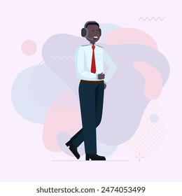 African American pilot in headset. Captain in uniform flat vector illustration. Airliner, flight, trip concept for banner, website design or landing web page