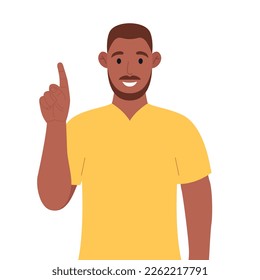 African american pointing up finger while standing and smiling. Concept of a great idea. Vector illustration.