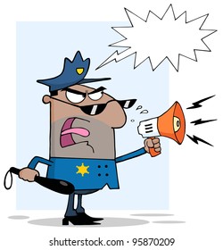 African American Police Officer Yelling Through A Megaphone With Speech Bubble.Vector Illustration