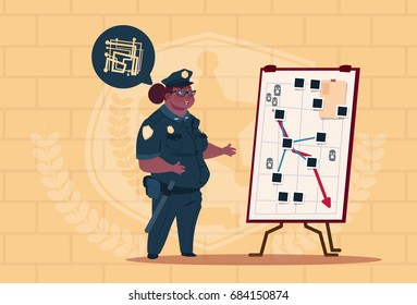 African American Police Woman Planning Action On White Board Wearing Uniform Female Guard On Blue Bricks Background Flat Vector Illustration