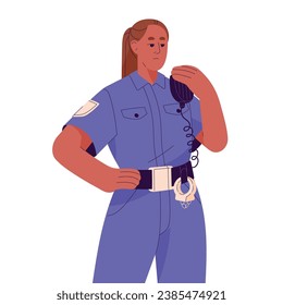 African american policeman. Woman cop in uniform portrait. Security worker with handcuffs on belt, law enforcement officer with police radio, scanner. Flat isolated vector illustration on white