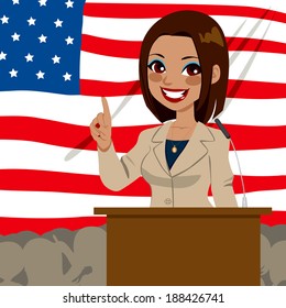 African American Politician Candidate Woman Giving A Speech In Front Of United States Of America Flag 