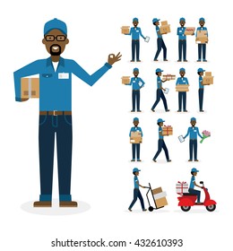 African american postman set. Isolated african american cartoon character. White background. Driver boxes clipboard pizza gift and more