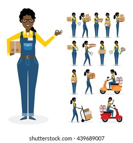 African american postwoman set. Isolated cartoon character. White background. All delivery equipment.