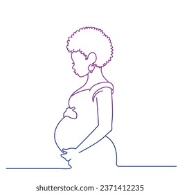 African American Pregnancy and motherhood. Poster with a beautiful young pregnant woman vector line art illustration