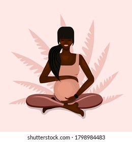 African American pregnant girl sits and gently hugs her stomach. Vector illustration in flat style.