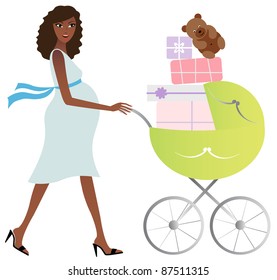 African american pregnant woman with carriage full of gifts