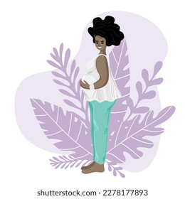 African american pregnant woman, future mom hugging belly with arms. Happy and healthy pregnancy concept. Vector illustration with nature background