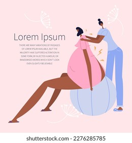 The African American pregnant woman give birth baby and sitting in best position on fit ball. The doula assist helping. Female has got discomfort, back pain. The midwife do massage and support.