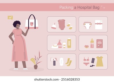 African american pregnant woman holds hospital bag. Pregnant woman with things for unborn child in bag going to maternity hospital before giving birth. Girl getting ready for motherhood. Checklist.