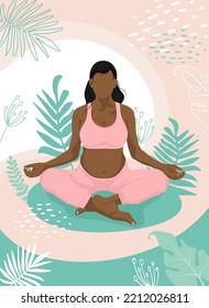 African american Pregnant woman Meditating sitting in Lotus pose on the Nature. Faceless style. Concept vector illustration for Yoga, Meditation, relax, healthy lifestyle and sports activities. 