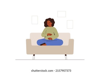 African American pregnant woman practices breathing technique at home. Black female waiting a child and meditates on the couch. Physical therapy during pregnancy. Vector illustration