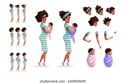 African american pregnant women and baby set animated. Female cartoon style character Beautiful black woman Vector set isolated on white background Stylish African American portrait for concept design