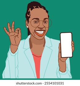 An African American pretty corporate lady showing her cell phone screen