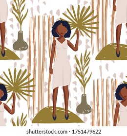 African American Pretty Girl Seamless Vector Pattern. Black Beauty Hand Drawn Textured Tropical Botany Summer Illustration of Black Woman. Fashion Background on White.