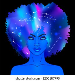 African American pretty girl. Vector Illustration Mysterious black woman with galaxy make up and with the sky full of stars in her hair. 