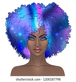African American pretty girl. Vector Illustration Mysterious black woman with galaxy make up and with the sky full of stars in her hair. 