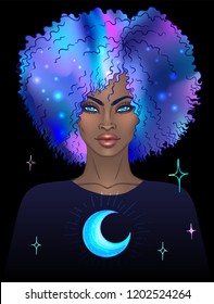 African American pretty girl. Vector Illustration Mysterious black woman with galaxy make up and with the sky full of stars in her hair. 