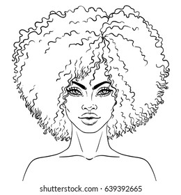 African American pretty girl. Vector Illustration of Black Woman. Great for avatars. Coloring book for adults. Face chart.