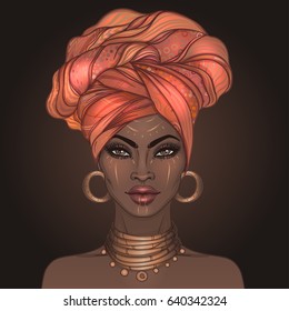 African American Pretty Girl. Vector Illustration Of Black Woman With Glossy Lips And Turban. Great For Avatars. Illustration Isolated On Black.