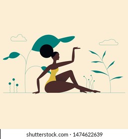 African American pretty woman with wide hips and raised hand resting in nature. Modern flat vector illustration