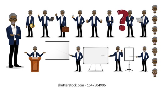 African American Professor cartoon character set. Old man in a smart suit on white background . Vector illustration