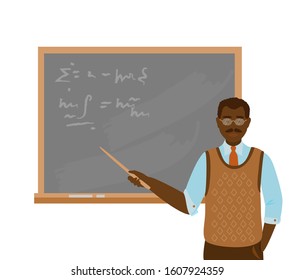 African american professor or teacher near blackboard with pointer. Black man in shirt with tie in waist coat. Character design. Flat cartoon vector illustration.