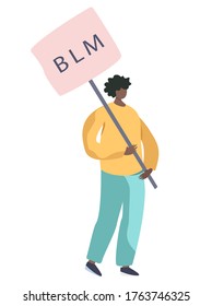 African American Protester with Black Lives Matter Placard or Poster Protesting on Strike or Demonstration.No Racism Concept.Fight for Rights.Vector Illustration
